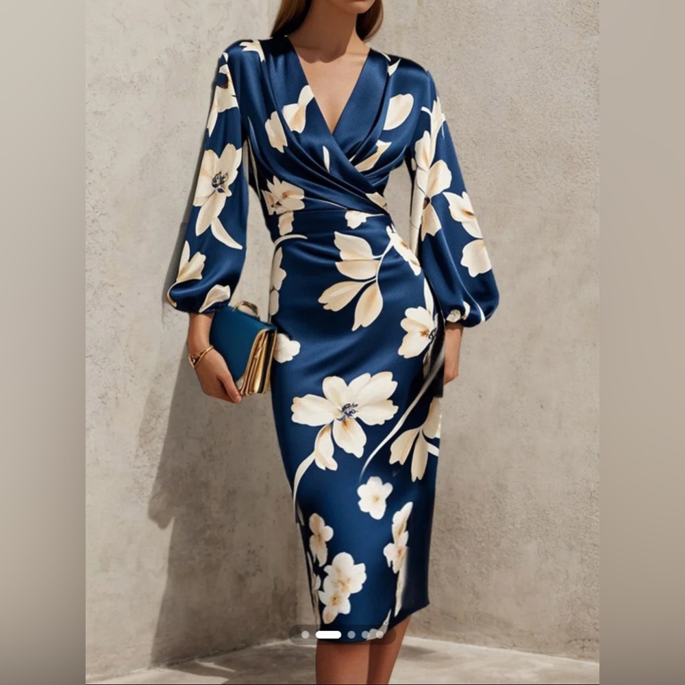 FEHAUTE Blue Floral V Neck‎ Balloon Sleeve Midi Sheath Satin Dress Classic 4